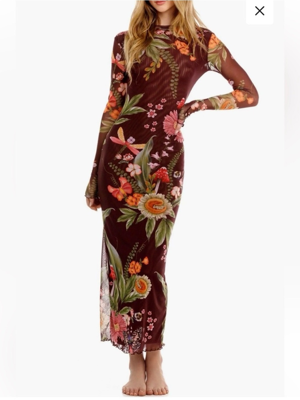 Agua Bendita Maroon Floral Print Mesh Long Sleeve Midi Dress